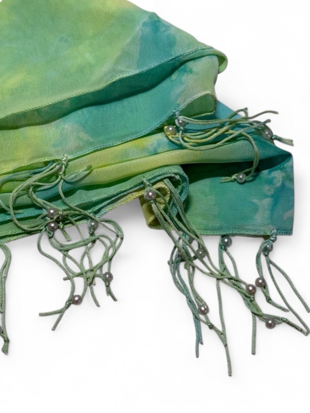 Y2K Tie Dye Square Scarf Blue Green Beaded Fringe Shawl Wrap Sarong Skirt Top 42